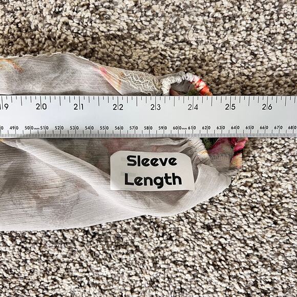 SUSAN GRAVER Women's L Floral Printed Sheer Chiffon Lace Trim Pleated Tunic Top - Picture 12 of 13